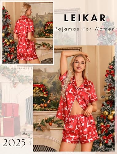 Leikar Silk Christmas Pajamas Button Down Red Elk Pajamas Silk PJ Set Soft Sleepwear L - Thumbnail 4