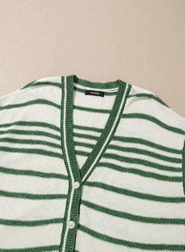Dokotoo Striped V Neck Button Women Vest Open Front Short Sleeve Sweater for Women Fall Outfits for Women 2026 Winter Clothing Green X Large - Thumbnail 4