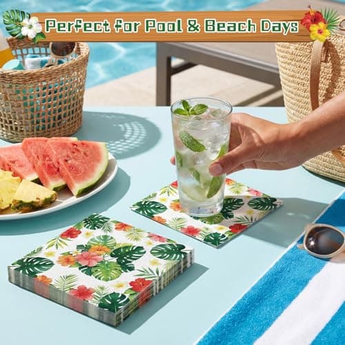NatNarr 100pcs Hawaiian Napkins, 2-Ply Tropical Paper Napkins Disposable Luau Hibiscus Floral Cocktail Napkin for Aloha Birthday Decorations, Summer BBQ, Pool and Beach Party, 5 Inch - Thumbnail 4