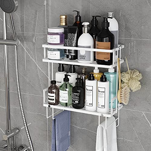 Godboat Bathroom Organizer - Over The Toilet Storage Cabinet, 2-Tier Floating Shelves, Wall Shelf with 2 Hooks & Paper Rack, Cool Accessories & Decor, Gifts for Women, Mothers Day (White) - Thumbnail 4