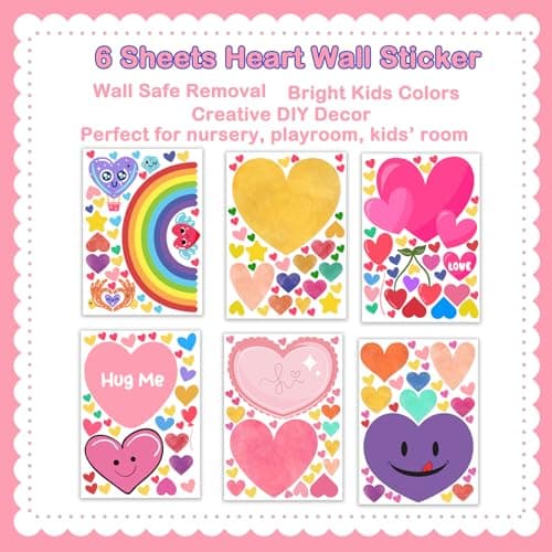Humerry Kids Heart Wall Stickers, 201 Piece Removable Peel and Stick Rainbow Wall Decals for Nursery, Playroom and Bedroom, 6 Sheets Heart-Shaped Wall Decor - Thumbnail 2