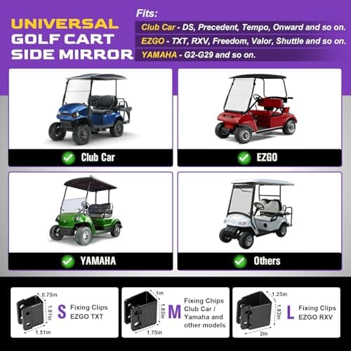 Golf Cart Side Mirrors, No Drilling Golf Cart Rear View Mirrors Universal for Club Car EZGO YAMAHA, Folding Golf Cart Mirrors with Multiple Size Clips, HD Shatterproof Glass Durable Anti-Shudder - Thumbnail 3