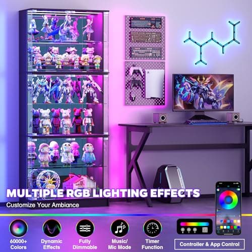 VersionTECH. Display Cabinet with Glass Doors, 6-Tier 71'' Tall Curio Cabinet with RGB Lights for Collectibles, Display Case with Adjustable Glass Shelves, Human Body Sensor, Mirror Backing, Black - Thumbnail 3