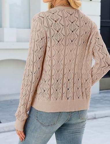 ZAFUL Womens Crochet Cardigan Cotton Long Sleeve Sweaters Trendy Lightweight Button Down Knit Shrugs Tops Apricot L - Thumbnail 5