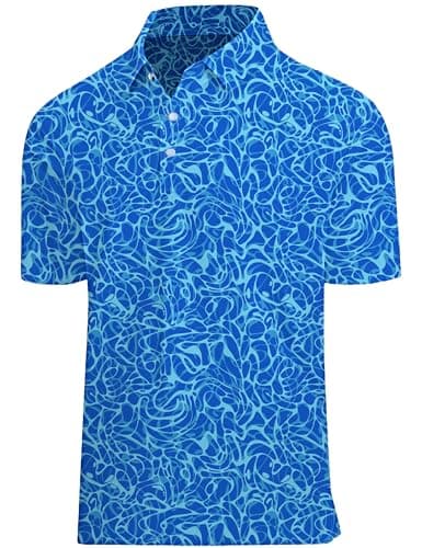 Actflare Golf Shirts for Men Moisture Wicking Quick-Dry Pattern Print Performance Polo Shirts for Men Blue Polo XL