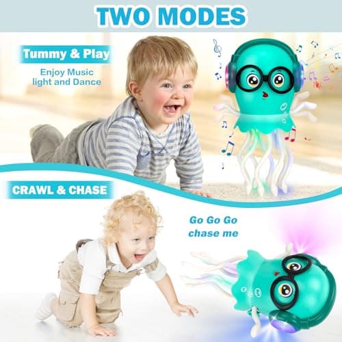 Dancing Octopus Baby Toys, Light Up Music Tummy Time Toys with 2 Flash Lights,Moving Electric Crawling Squid Toy for Babies with 1 Wheel,Baby Toy for 3 4 5 Year Old Boy Girl Christmas Birthday Gifts - Thumbnail 2