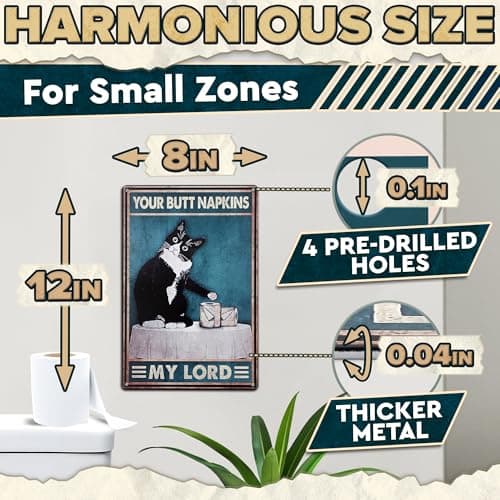 Funny Cat Bathroom Sign – “Your Napkin My Lord” 12 x 8 inch Tin Sign, Rustic Black Cat Wall Decor for Home, Farmhouse Bathroom Metal Plaque, Vintage Cat Wall Art for Toilet or Guest Bath - Thumbnail 2