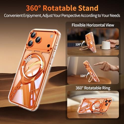 for iPhone 17 Pro Max Case with Stand, Magnetic iPhone 17Pro Max Case 360 Rotatable Ring Stand Compatible with MagSafe Mil-Grade Shockproof Aluminum Metal 17 Pro Max Case Translucent Slim Cover Orange - Thumbnail 6
