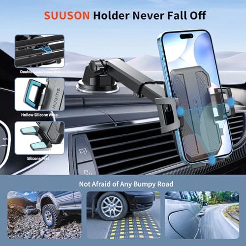 SUUSON Upgraded 3-in-1 Car Phone Holder Mount [Powerful Suction] Phone Mount for Car Dashboard Air Vent Windshield,for All iPhone Android Phone (Black) - Thumbnail 3