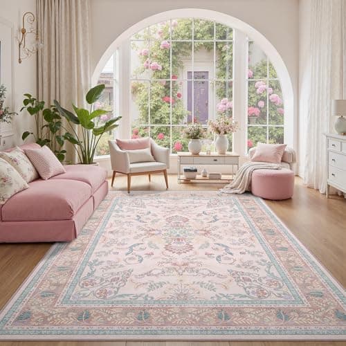 DCX Area Rug 4x6 Botanical Floral Washable Rugs in Pink and Blue Soft Non Slip Low Pile Stain Resistant Carpet for High-Traffic Areas Bedroom Kitchen Entryway - Thumbnail 3