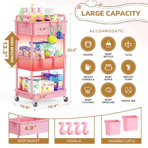 Goovilla Diaper Cart with Lockable Wheels and Easy Assembly, 3 Tier Pink Rolling Cart for Baby Nursery Storage, Sturdy Ample Diaper Caddy Organizer for Baby Girl, Boy, New Mom, Newborn Essentials - Thumbnail 4