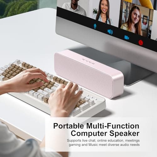 Computer Speaker for Desktop,Rechargeable PC Speaker,Small Computer Soundbar with Stereo & Bass,3.5mm Aux-in,Bluetooth,TF Port,Loud Volume for Web Conferences,Teacher,Music (Pink) - Thumbnail 4