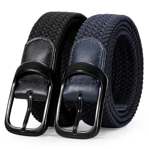 LEACOOLKEY 2 Pack Stretch Belts for Men Elastic Woven Braided Belt 1 3/8 Casual Golf Belt for Jeans Pants Black+Navy Blue - Image 1