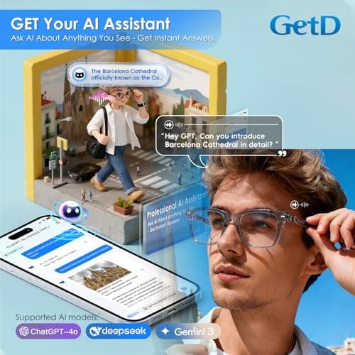 GetD 2026 AI Glasses for Men & Women, Smart Glass Powered by ChatGPT, AI Real-time Translation with 145 Languages, 11H Music Play, Bluetooth Glasses with Anti-Blue Light Lens for Daily Use, Travel - Thumbnail 4