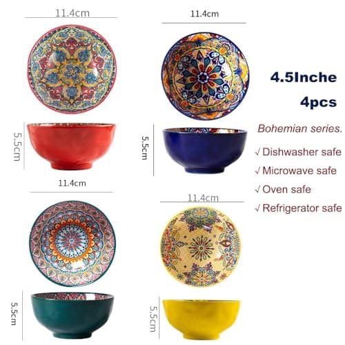 JINNTHE Bohemian Bliss 4.5-Inch Ceramic Bowls, Set of 4 - Colorful Dip Bowls, Salad Bowls, Snack Rice Bowls with Handcrafted Artisan Prints, Dishwasher & Oven Safe - Thumbnail 4