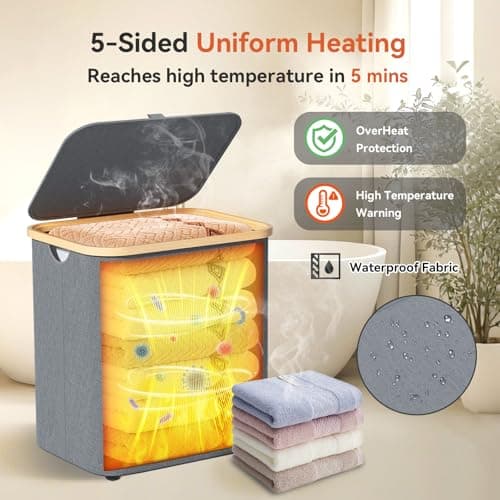 cocozywarm Towel Warmer & Laundry Basket 2-in-1, Foldable Towel Warmer for Bathroom with Removable Heating Bag, 20/40/60Mins Fast Heating, Auto Shut-Off, Fits 3 Large Towels Blankets, Ideal Xmas Gift - Thumbnail 5