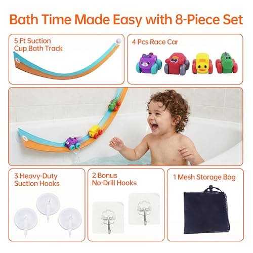 Resosese Race Car Bath Toys Set, 8-Piece Extra Long Flexible Bathtub Track Set with 4 Mini Cars, Suction Cups & Mesh Storage Bag, DIY Water Slide Toy Gift for Boys Girls Ages 3+ - Thumbnail 4