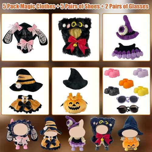 Ezcora 5 Sets Magical Fantasy Dress-Up Clothes for 17cm Dolls, Pumpkin, Witch, Bunny, Cat & Fantasy Outfits, 6.7-Inch Doll Accessories with Shoes and Glasses, Kawaii Idea (No Dolls) - Thumbnail 2