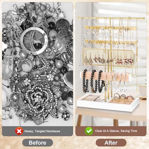 Dntorx 3 Tier Jewelry Stand Holder Organizer, Jewelry Holder Storage Display T Bar Beige Velvet Bracelet Holder Jewelry Tower for Necklace, Earrings, Bracelet, Rings, Watches - Thumbnail 5