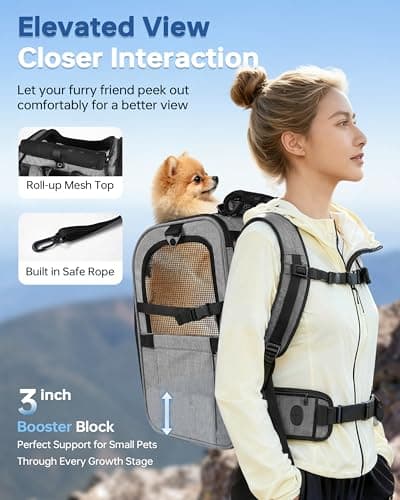 Hiking Dog Carrier Backpack, Padded Height-Enhancing Design, Adjustable Waist Cushioning Belt with Breathable Padded Back Support, Dog Carrier Backpack for Small Dogs Max 13LB Grey with Pad - Thumbnail 3