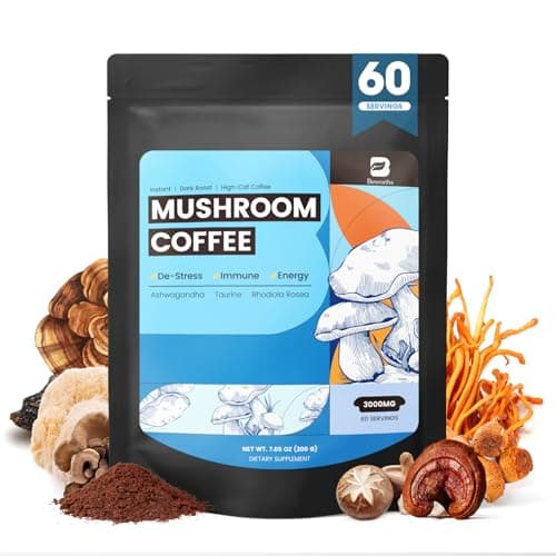 B BEWORTHS Mushroom Coffee Powder with Ashwagandha, L-theanine, Lion's Mane, Reishi, Chaga, Cordyceps, Turkey Tail, Ginseng | Arabica Instant Coffee for Immunity, Brain Focus, Gut Health | 60 Servings - Image 1
