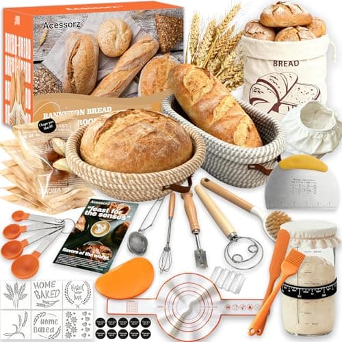 Acessorz Sourdough Bread Baking Supplies,Sourdough Starter Kit,2 Cotton Rope Banneton Proofing Basket,Bread Proofing Basket Making Tool Kit,Sour Dough Kit Tools,Baking Gifts for Women,Bakers,Wife,Mom - Image 1