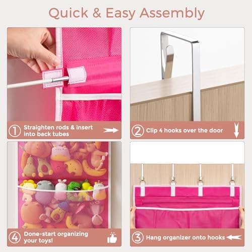 Criusia Over the Door Hanging Organizer, Extra-Large Door Storage Organizer with 4 Deep Mesh Pockets, Space-Saving Hanging Storage for Bedroom & Home Organization, Pink - Thumbnail 5