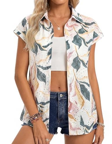 GRACE KARIN Floral Eyelet Spring Summer Tops for Women,2026 V Neck Dressy Casual Shirts,Boho Button Down Short Sleeve Blouses Dark Green 2XL - Image 1