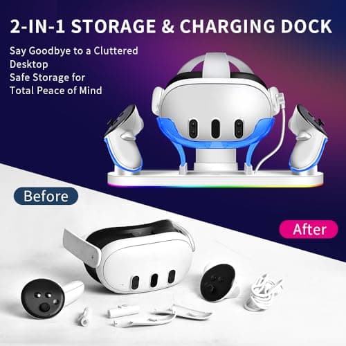 TicEaik Charging Dock for Meta Quest 3/3S, 18W Fast Charger with 2 Rechargeable Batteries, 8 LED Lighting Modes, USB-C Charging Accessory, Charging Stand for VR Headset and Controller - Thumbnail 6