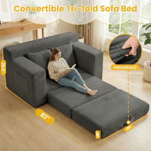 Boneless Loveseat Sleeper Sofa Bed: 3-in-1 Convertible Sofa Bed with Side Pockets & Handle,Pull Out Couch with 2 Pillows,Folding Futon for Small Space,Living Room & Bedroom,Corduroy Fabric,No Assembly - Thumbnail 5