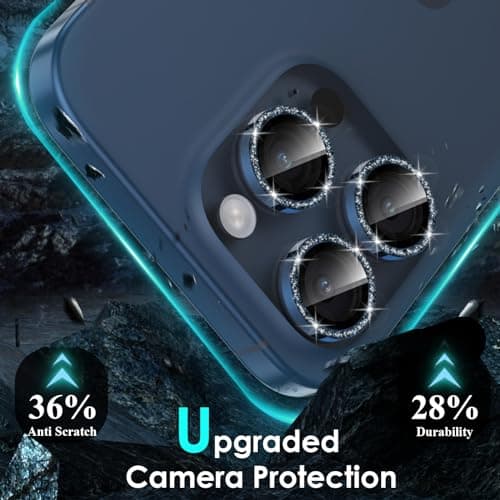 YWXTW Designed for iPhone 15 Pro/iPhone 15 Pro Max Camera Lens Protector Bling, [New Glitter Design] Individual Metal Tempered Glass Camera Cover Accessories Case Friendly (Blue Titanium Glitter) - Thumbnail 3