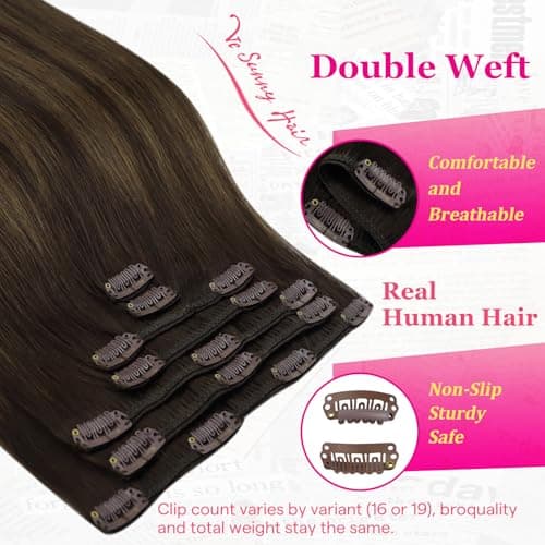 Ve Sunny Real Hair Extensions Clip in Human Hair Dark Brown Ombre Hair Extensions Balayage Chestnut Brown Remy Clip in Hair Extensions 20 Inch 120g - Thumbnail 6