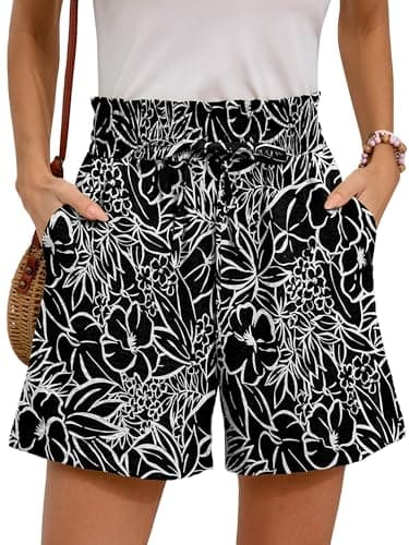 Moodclo Summer Casual Shorts with Pockets White Flower Black Small for Women High Waisted Wide Leg Womens Boho Shorts Drawstring Beach Vacation 2026 Clothes - Image 1