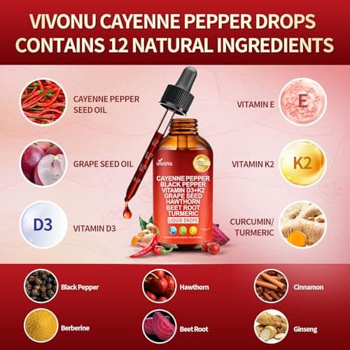 VivoNu Cayenne Pepper Softgels Supplement, Supports Leg Vein, Heart and Blood Vessel Health, with Vitamin E D3+K2 and Extracts of Grape Seed, Hawthorn, Beetroot, Berberine (Drops /1 Bottle) - Thumbnail 2