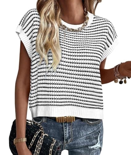 ATHMILE White Sweaters for Womens Short Sleeve Spring Summer Striped Round Neck Pullover Cap Sleeve Knit Cute Vest Tops - Image 1