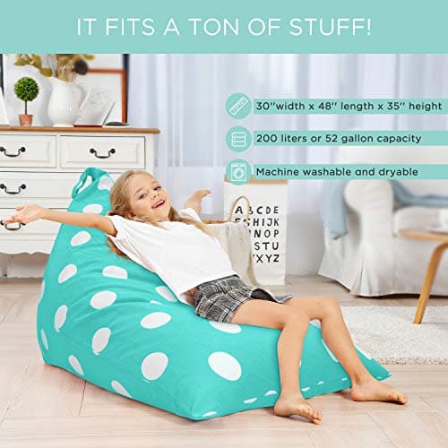 Aubliss Stuffed Animal Storage Bean Bag Chair Cover, 50"x 35" Extra Large Bean Bags for Kids & Adults, Beanbag Toy Storage for Boys Girls - Premium Cotton Canvas Aqua Dot - Thumbnail 4