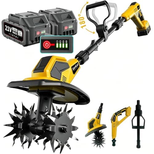 21V Cordless Garden Tiller with 8.0Ah Battery (2×4.0Ah + Charger) – 360RPM, 9" Tilling Width & 8.6" Depth, SK5 Steel Blades, 3 Adjustable Height Settings for Garden, Raised Beds & Lawn - Image 1