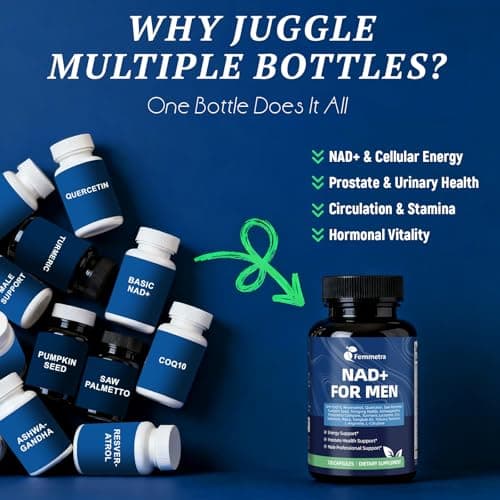 Femmetra NAD+ Supplements for Men with Saw Palmetto | All-in-One Cellular Energy, Prostate Support & Nitric Oxide Supplement with Resveratrol, L-Arginine | Non-GMO, 120 Capsules - Thumbnail 4