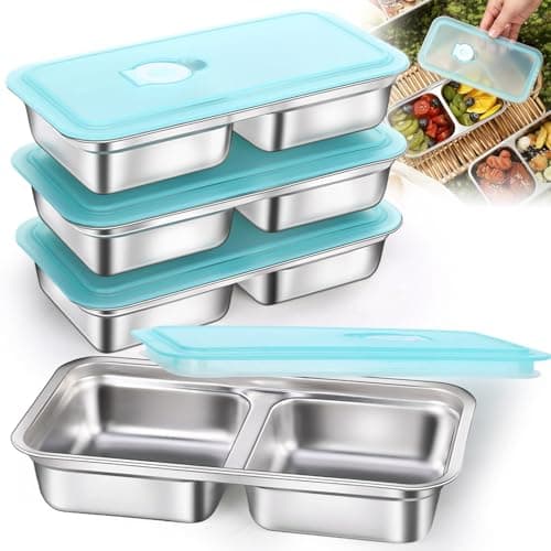 Gksuu 4 Pack Stainless Steel Snack Containers with Lids, 2-Compartment Reusable Food Storage Meal Prep Containers for Kids & Adults Lunch Boxes, School, Office, Travel, Camping - Image 1