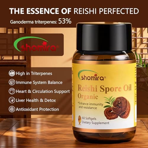 Shomira Organic Reishi Spore Oil, Immunity Support Dietary Supplement, Vegan Capsules with Ganoderma Triterpenes for Antioxidant & Wellness(60 Capsules) - Thumbnail 2