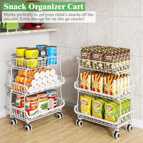 MJIMKE 3-Tier Rolling Cart with Wheels - Stackable Wire Baskets for Pantry Organization and Kitchen Storage, Floor & Countertop Fruit Organizers Vegetable Rack for Coffee Snack Onion Potato, Metal - Thumbnail 2