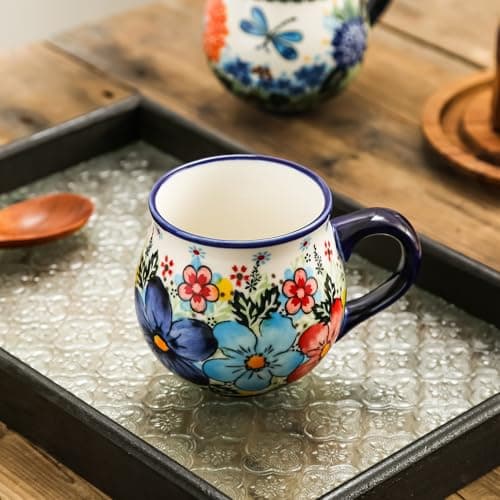 12 oz Ceramic Cup Hand-Painted Handmade Unique Floral Coffee Mug Artisan Coffee Cup Porcelain Mug for Tea Coffee Milk Microwave Dishwasher Safe, Polish Pottery 1 pc, Premium Elegant Gift - Thumbnail 2
