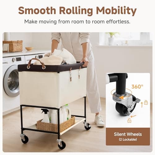 StorageWorks Laundry Cart, 2 Tier Rolling Laundry Basket, Heavy Duty Laundry Basket with Lockable Wheels, Laundry Room Organization and Storage, Clothes Hamper for Bedroom, Dorm, Closet, 46Gal, Beige - Thumbnail 4
