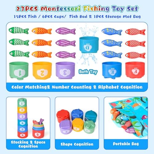 MPQMPQ Montessori Baby Toys, Fishing Game with Stacking Cups & Mat, Educational Baby Toys for Learing Number Counting & Color Sorting, Birthday Gift for Toddler Boy Girl 18 Months+ - Thumbnail 4