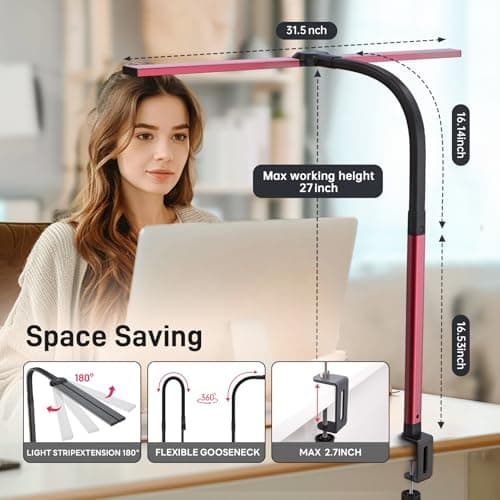 LED Desk Lamp for Home Office, Eye-Caring Desk Light with Clamp, 24W Double Head Architect Task Lamp Stepless Dimming, Flexible Gooseneck Bright Table Lamp for Study Reading Workbench Drafting Red - Thumbnail 5