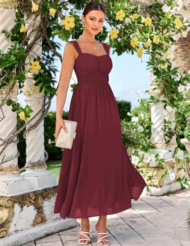 GRACE KARIN Summer Wine Red Dress for Women 2026,Off The Shoulder Smocked Bridesmaid Dresses,Formal Baby Shower Maxi Dresses S - Thumbnail 4