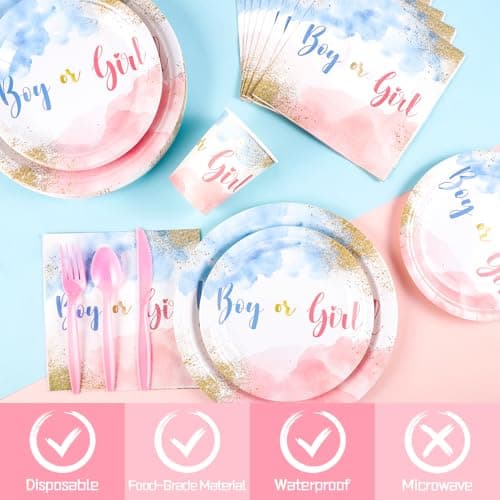 Xiangqu 175 Pcs Gender Reveal Plates and Napkins, Boy or Girl Gender Reveal Party Decorations Includes Gender Reveal Paper Plates Napkins Cups Plastic Cutlery for Baby Reveal Party,Serves 25 - Thumbnail 3