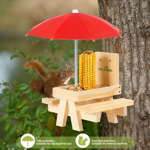 MIXXIDEA Squirrel Feeder Table with Umbrella, Wooden Squirrel Picnic Table Feeder, Sturdy Squirrels Feeder Corn Cob Holder, with Solid Structure and 2 x Thick Benches(1pk) - Thumbnail 4