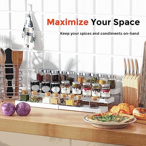 INVOCOO 2 Pack Expandable Spice Rack Organizer for Cabinet - 3 Tier Adjustable Cabinet Spice Organizer Easy Visibility - Spice Organizer for Cabinet Countertop Cupboard Pantry Organization (White) - Thumbnail 5