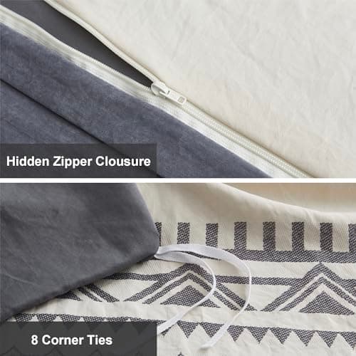 Oli Anderson Boho Duvet Cover Set King Size, Beige and Gray Color Clash 3 Pieces Microfiber Bedding Set, Durable and Super Soft Duvet Covers with Zipper and Ties, 104"*90" - Thumbnail 4